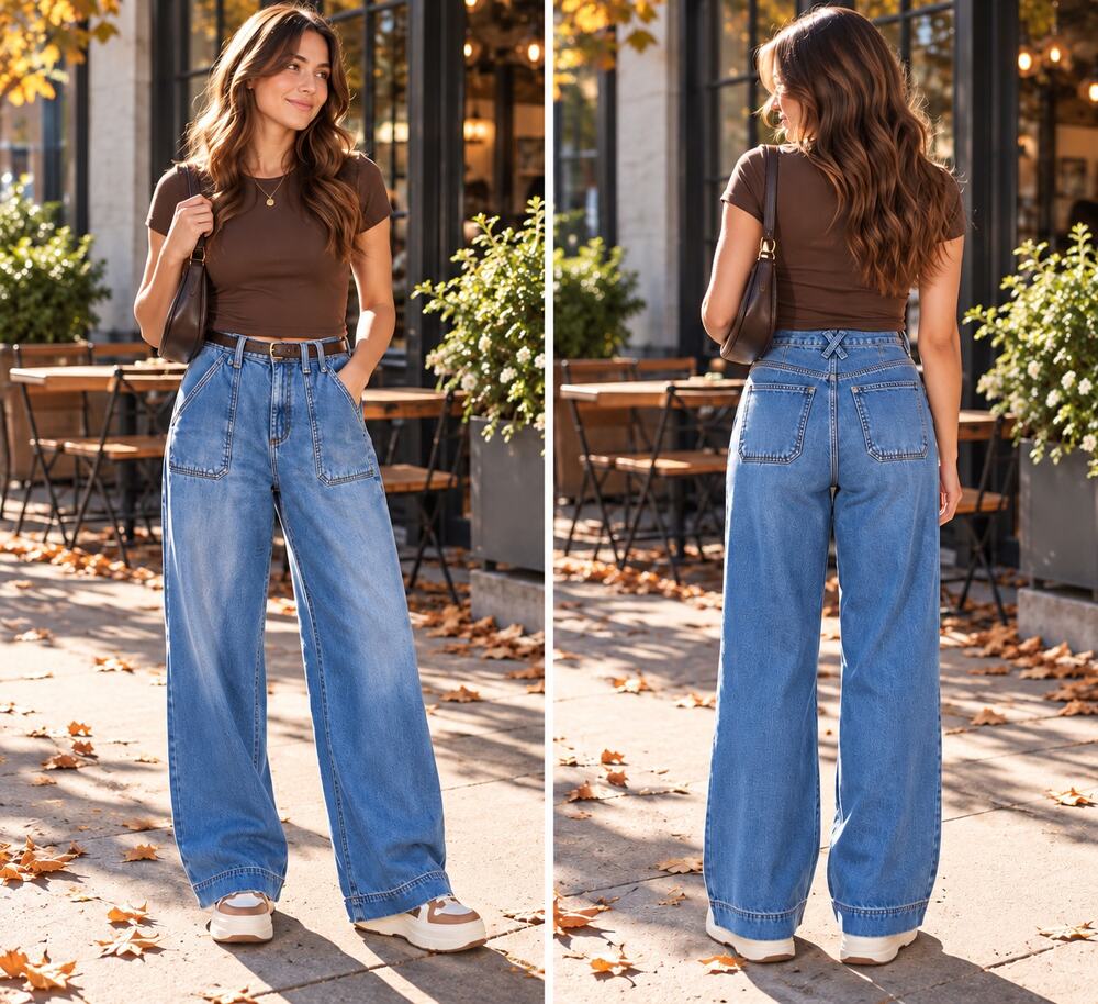 Y2K Wide Leg Patch Pocket Jeans Size 4 Medium Wash High Rise Baggy Denim